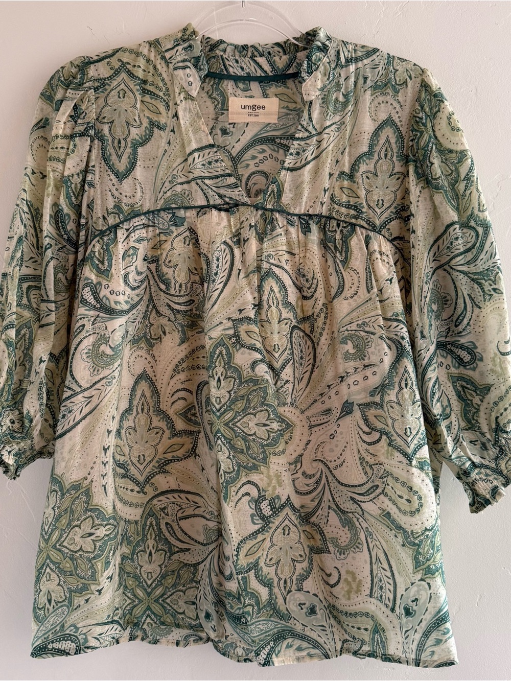 Umgee Green Ivory Paisley Peasant Blouse 3/4 Sleeve Boho Top Medium